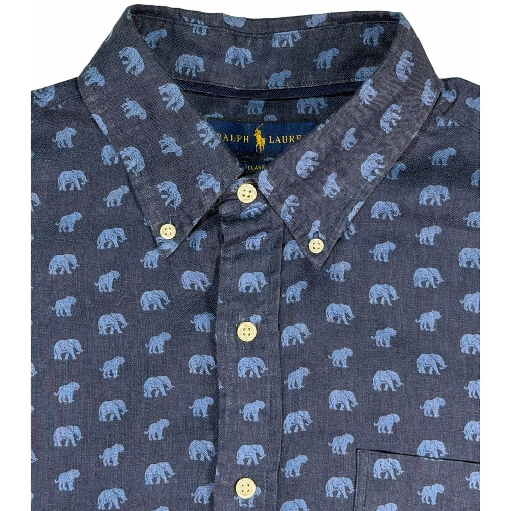 Polo Ralph Lauren Men's Elephant Print 100% Linen  Button Down Shirt Large RARE